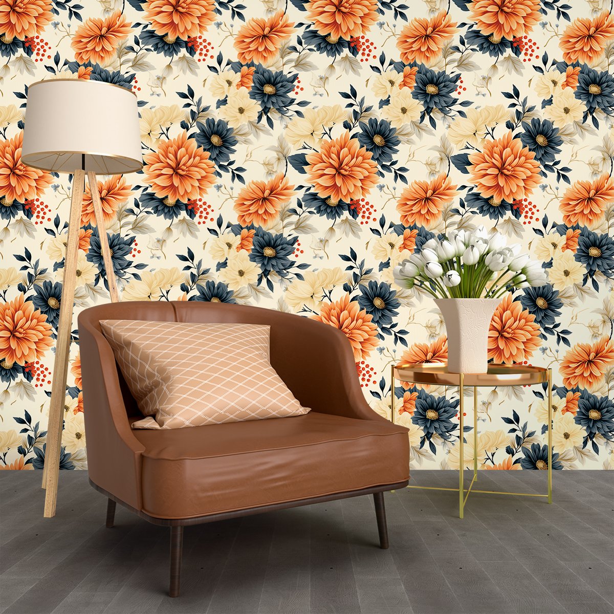 3d Orange and navy Blue Flower Self Adhesive wallpaper decorative masterpiece for home decor